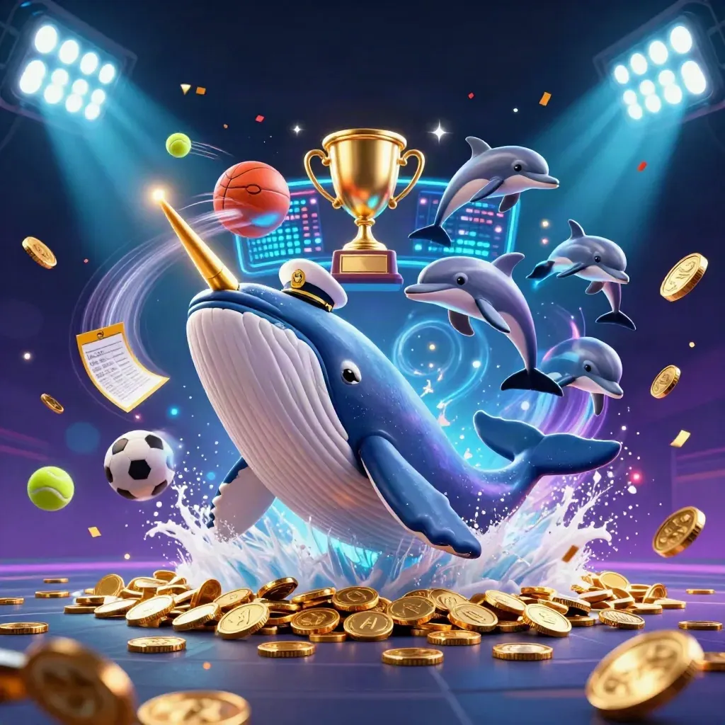 Whale captain, narwhal, and dolphins explode through coins with flying sports balls and neon casino glow.