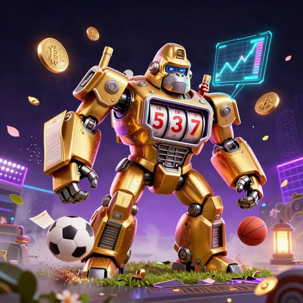 Golden gorilla mech with monkey pilot, neon coins, soccer and basketball, casino-sports key art