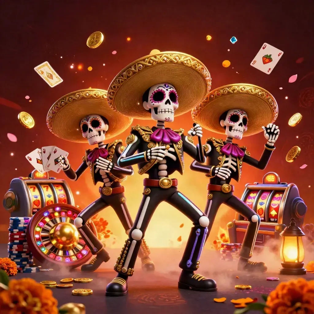 Skeleton mariachi trio amid coins, gems, roulette, cards, and neon casino glow.