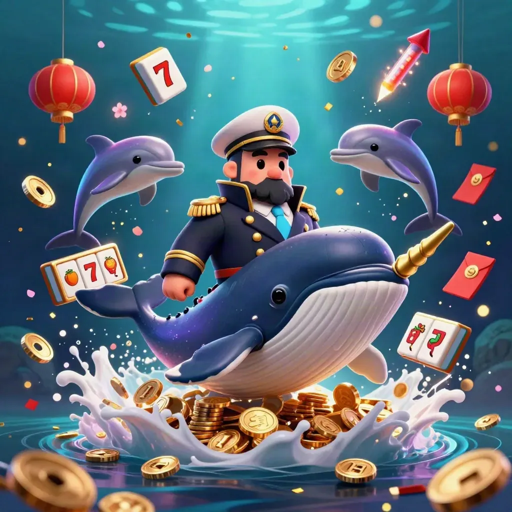 Captain whale, narwhal, and dolphins burst through coins in neon underwater casino light